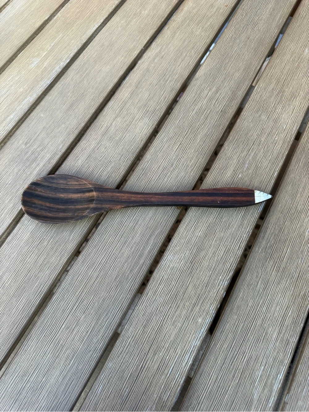 Hand Carved Exotic Wood Serving Spoon Mother of Pearl Inlay Handmade